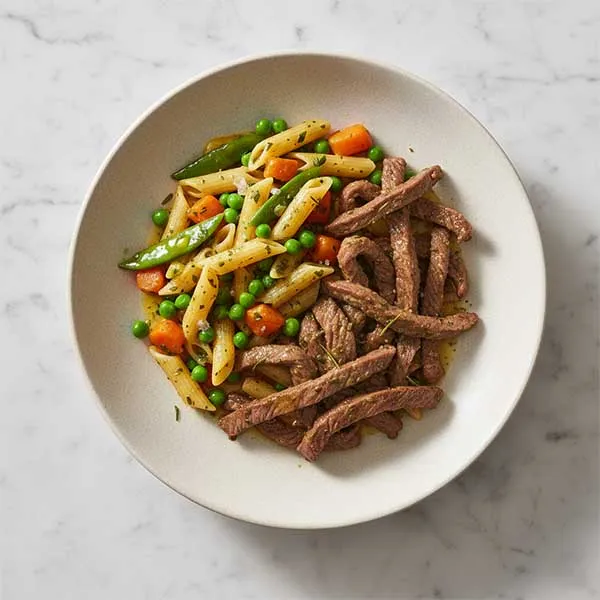 Rosemary Roasted Sliced beef with Carrot Pea Penne Mix & Herb butter Sauce